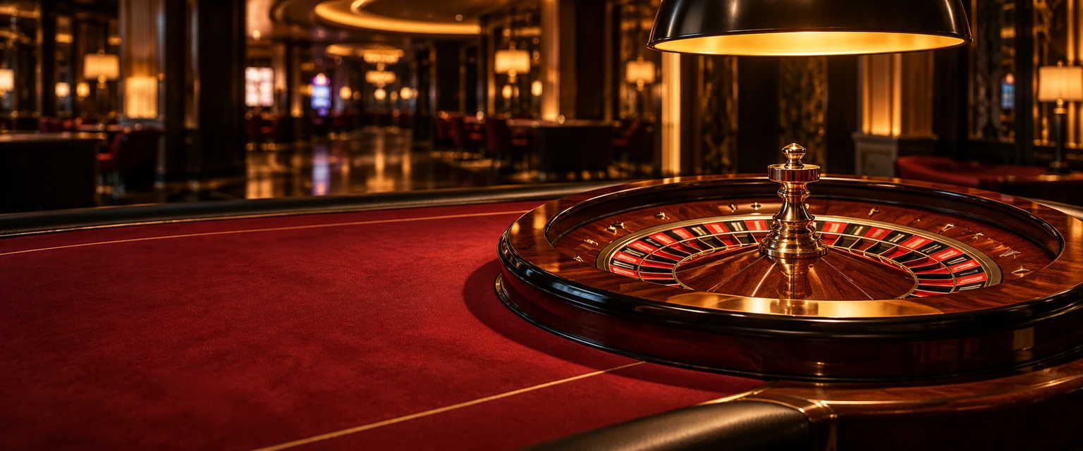 Ruleta sobre una mesa de paño rojo en un salón de casino
